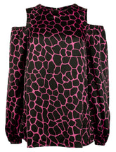 Michael Kors Women's Plus Giraffe Print Long Cold Shoulder Blouse Top 3X Cerise